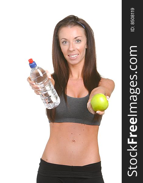 Fitness woman apple and water isolated on white