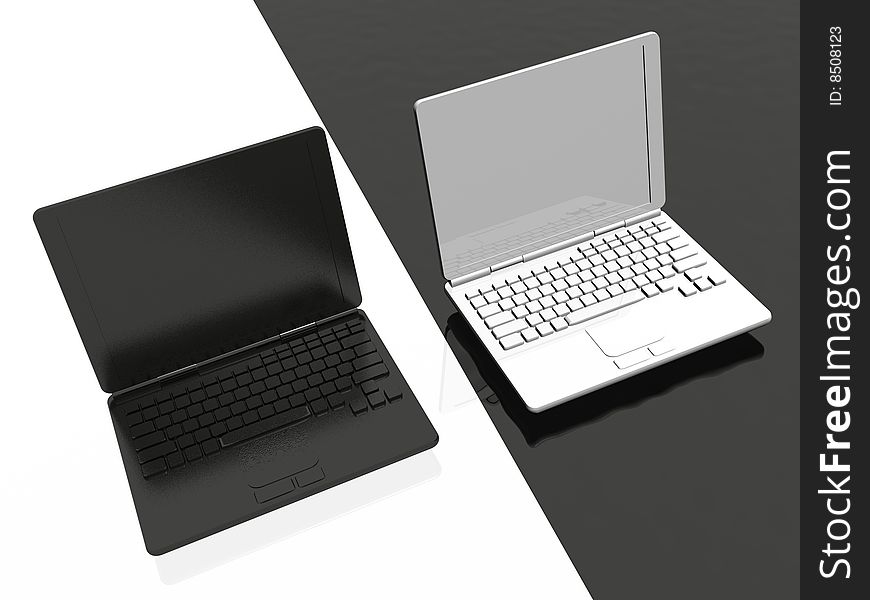 Black and white laptops on white and black background. Black and white laptops on white and black background.