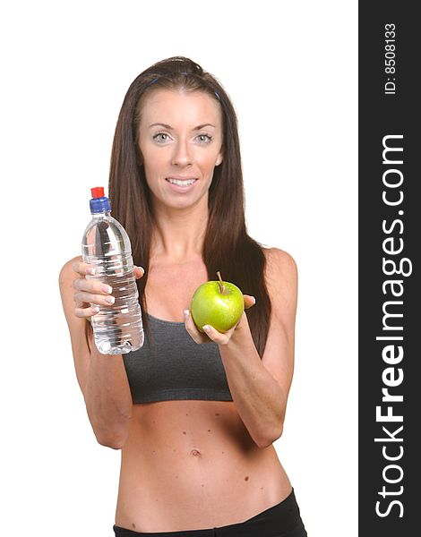 Fitness woman apple and water isolated on white