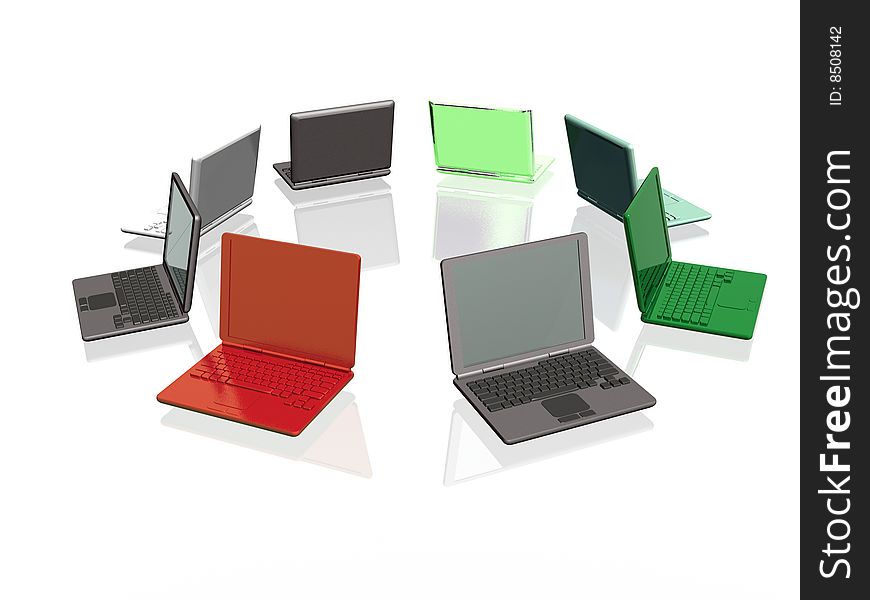 Multicolored laptops on white background.