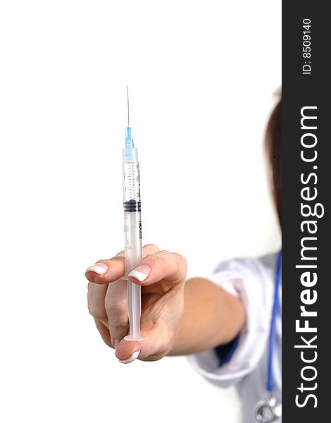 Female Doctor holding a syringe isolated on white