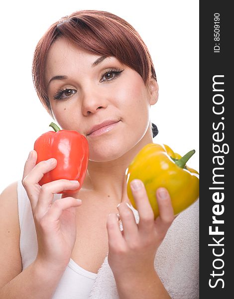 Healthy woman with pepper. over white background. Healthy woman with pepper. over white background
