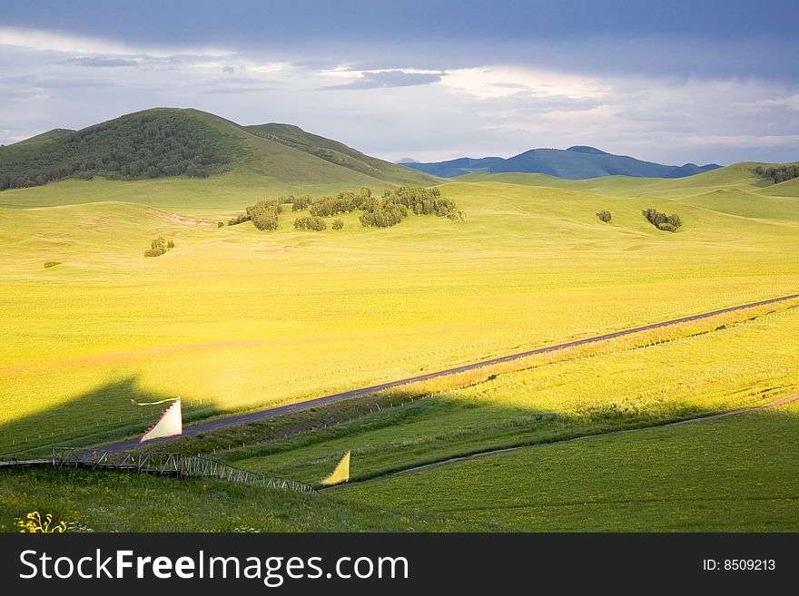 sun set on grassland ,China