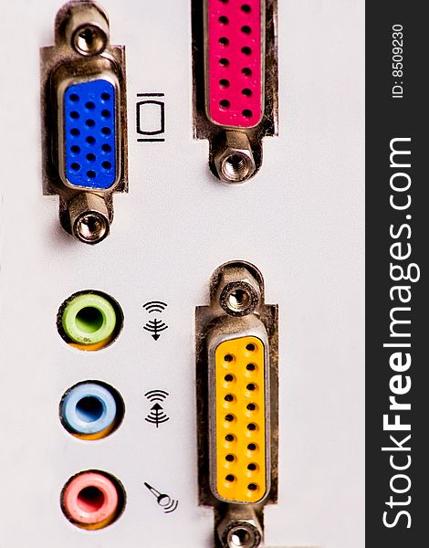 Close up of colorful computer connection sockets. Close up of colorful computer connection sockets