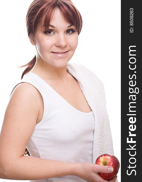 Healthy woman with apple. over white background. Healthy woman with apple. over white background