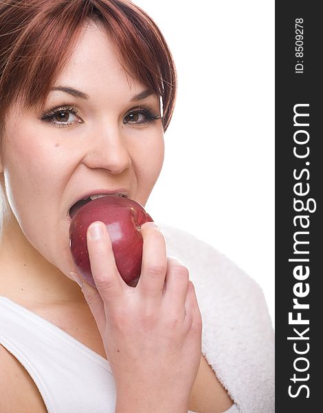Healthy woman with apple. over white background. Healthy woman with apple. over white background