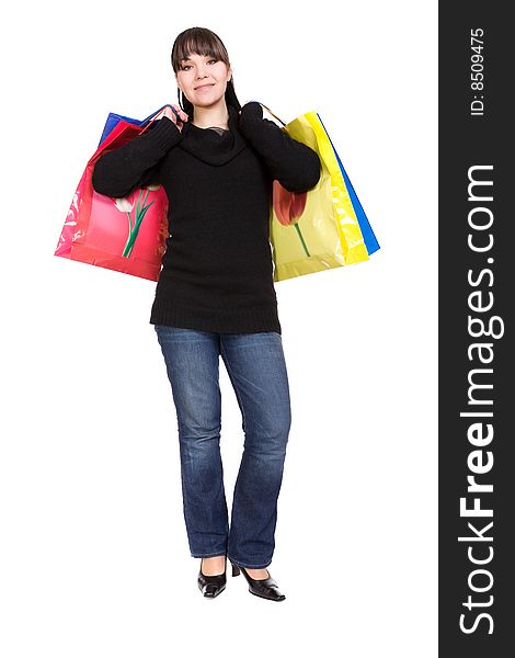 Attractive brunette woman with shopping bags