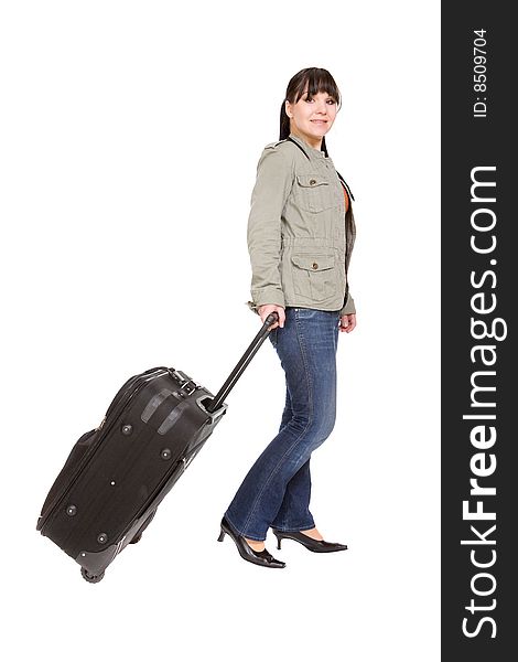 Attractive brunette woman with suitcase. Attractive brunette woman with suitcase