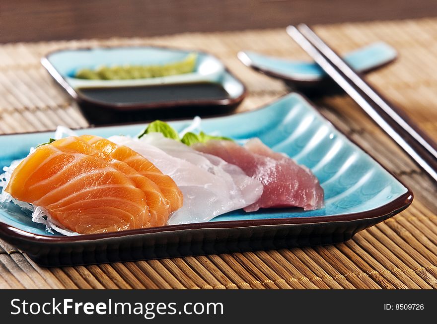 Various types of japanese sushi and sashimi
