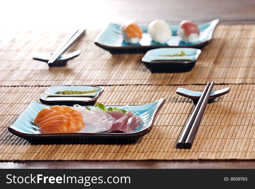 Various types of japanese sushi and sashimi