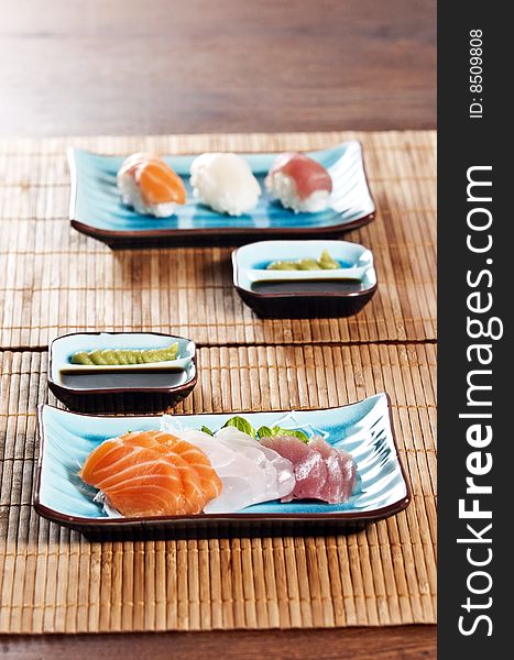 Various types of japanese sushi and sashimi