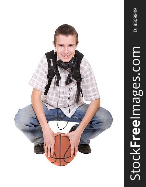 Casual teenager ready to school with basketball. Casual teenager ready to school with basketball