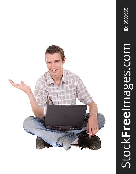 Casual teenager with laptop. over white background. Casual teenager with laptop. over white background