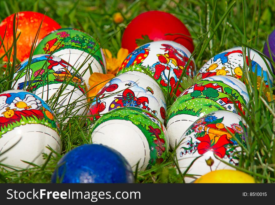 Bunch of Easter eggs in grass