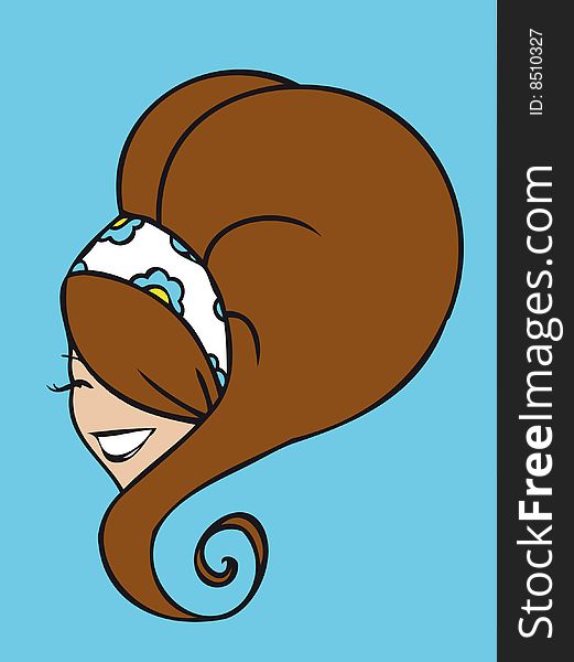 Head of a beautiful brown-haired woman on a light blue background. Color illustration. Head of a beautiful brown-haired woman on a light blue background. Color illustration