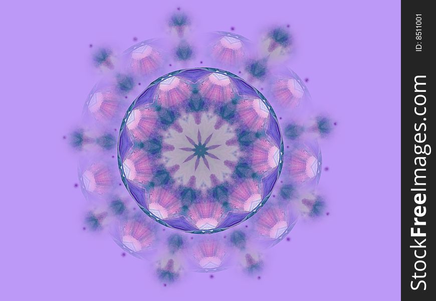 Mandala type geometric abstract in purple and blue, resembles coneflowers and carnations