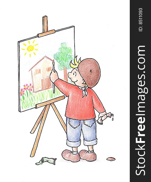 Kid painting on a canvas