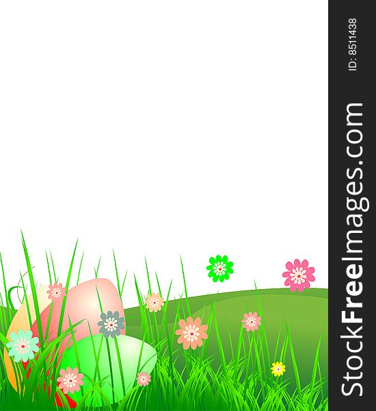 Easter landscape with flowers and eggs, vector illustration