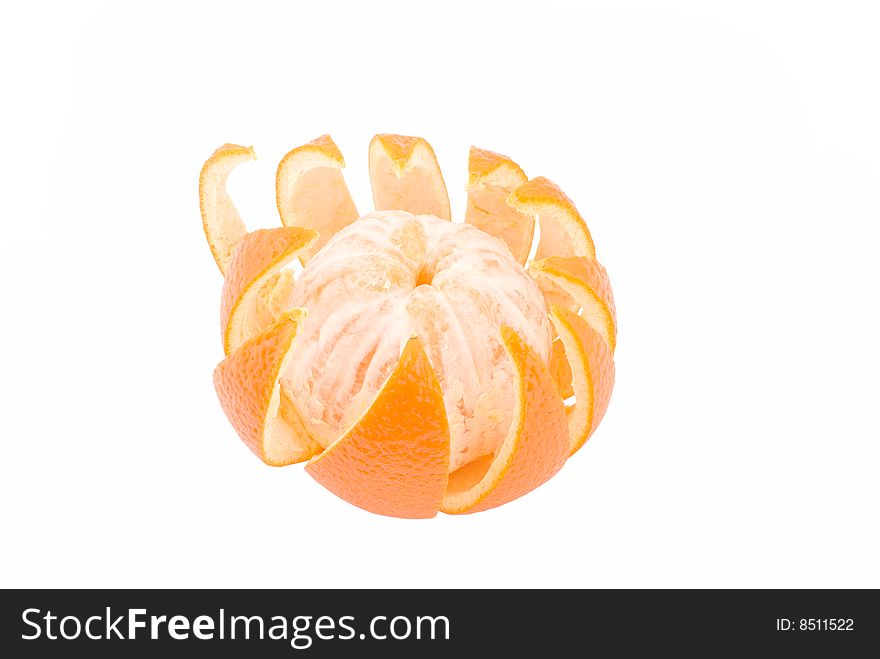 Orange with peel in view flower, on white