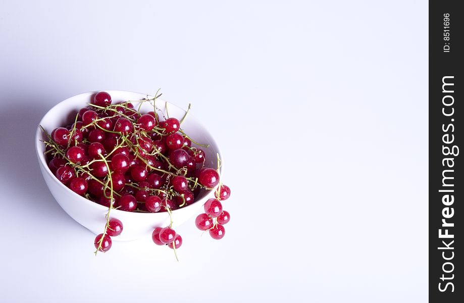 Red currant in bowl on white background