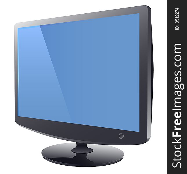 Futuristic silver monitor on white with reflection and blue screen