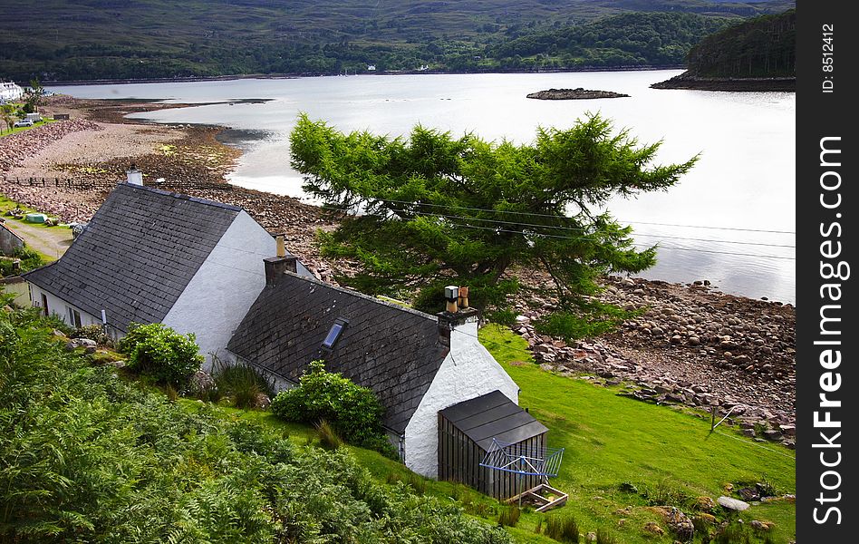 Cottage with view across the loch at shieldaig, scotland. Cottage with view across the loch at shieldaig, scotland