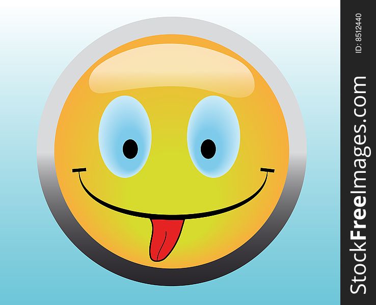 Happy smile button stick out tongue on blue background