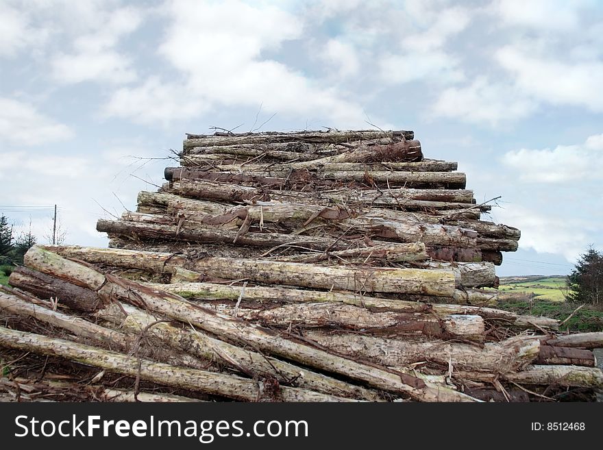 Stacked timber ready for production against a cloudy sky. Stacked timber ready for production against a cloudy sky