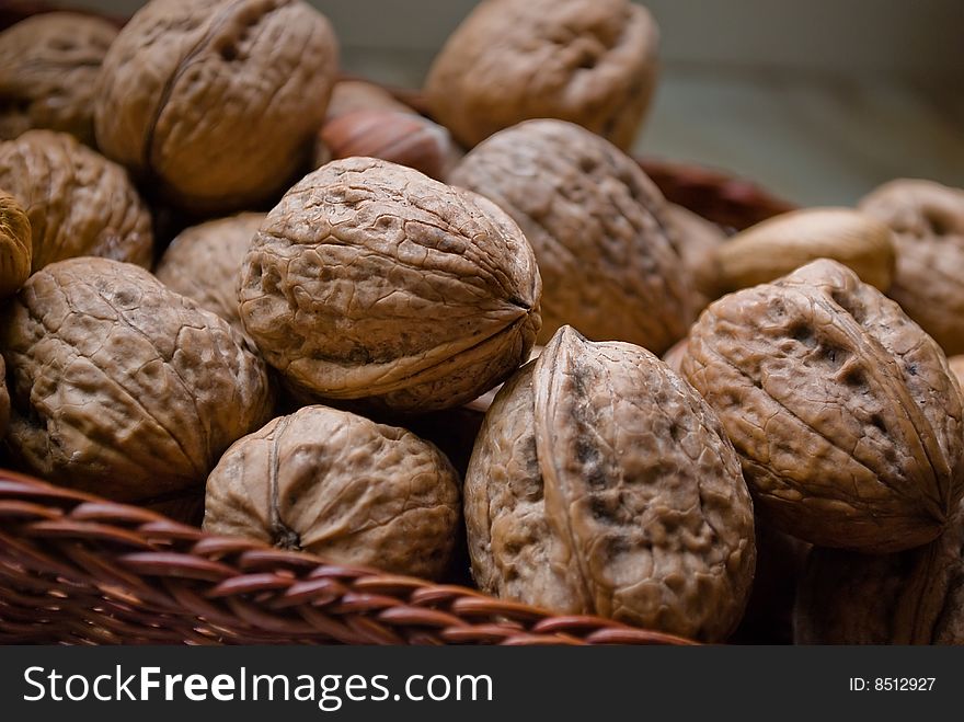 Beautiful nutlets in a brown wattled basket. Beautiful nutlets in a brown wattled basket.