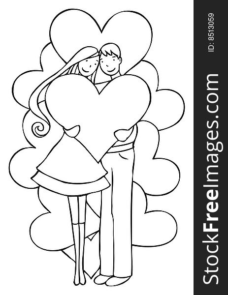 Black and white illustration of a couple in love