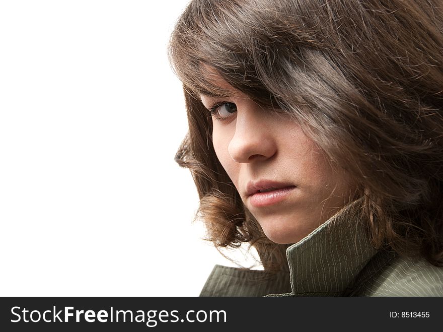 Beautiful young woman look over white