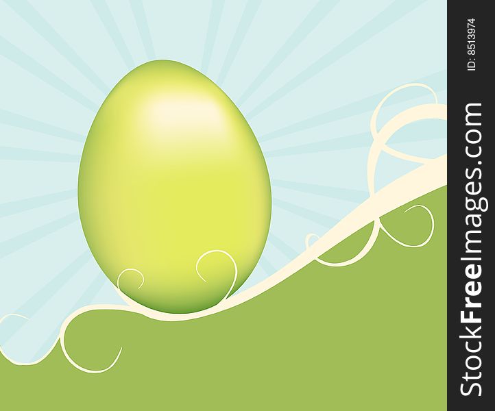 A green easter egg supported by swirling vines on a hill. Pastel green and blue background. A green easter egg supported by swirling vines on a hill. Pastel green and blue background.
