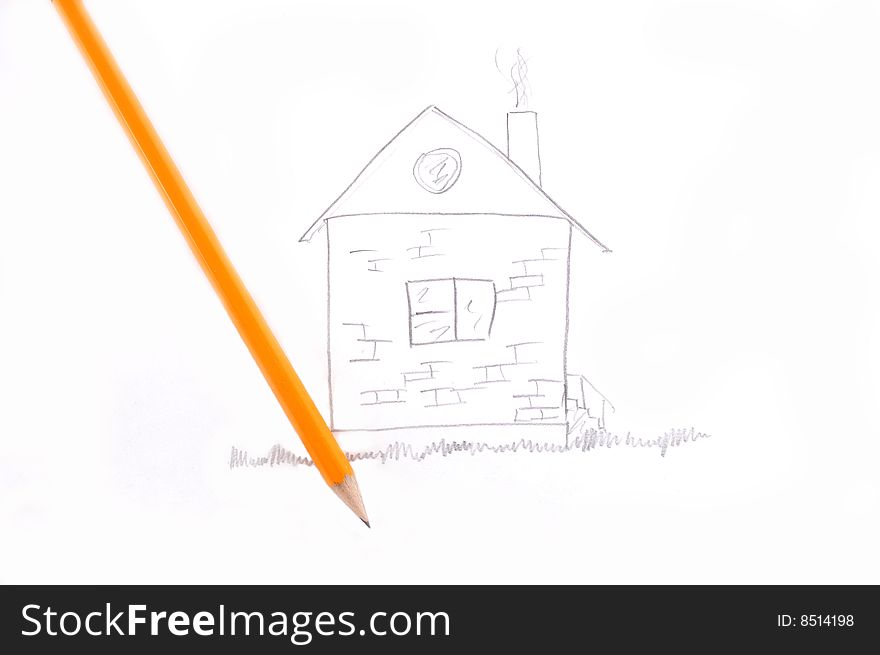 A house is drawn by a pencil