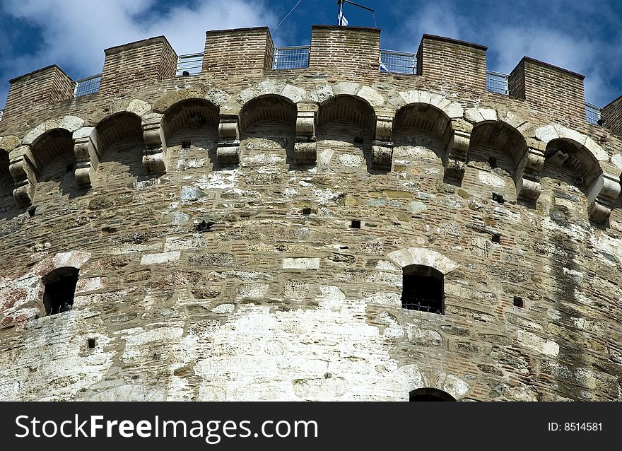 Part of White tower, the landmark monument of Thessalonica city in Greece