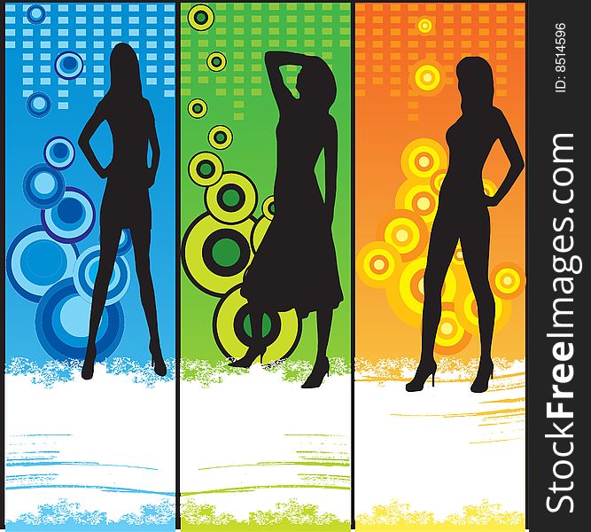 Three women silhouettes on colorful background