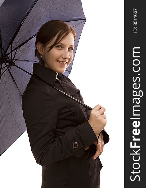 Woman with umbrella on a white background