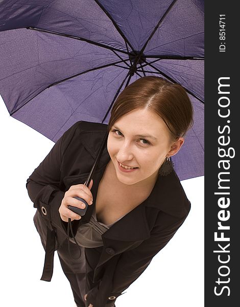 Woman with umbrella on a white background