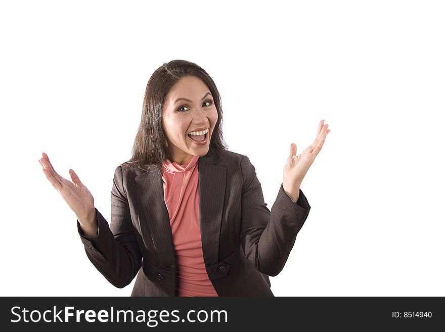 A professional asian woman smiles as she holds her hands in the air