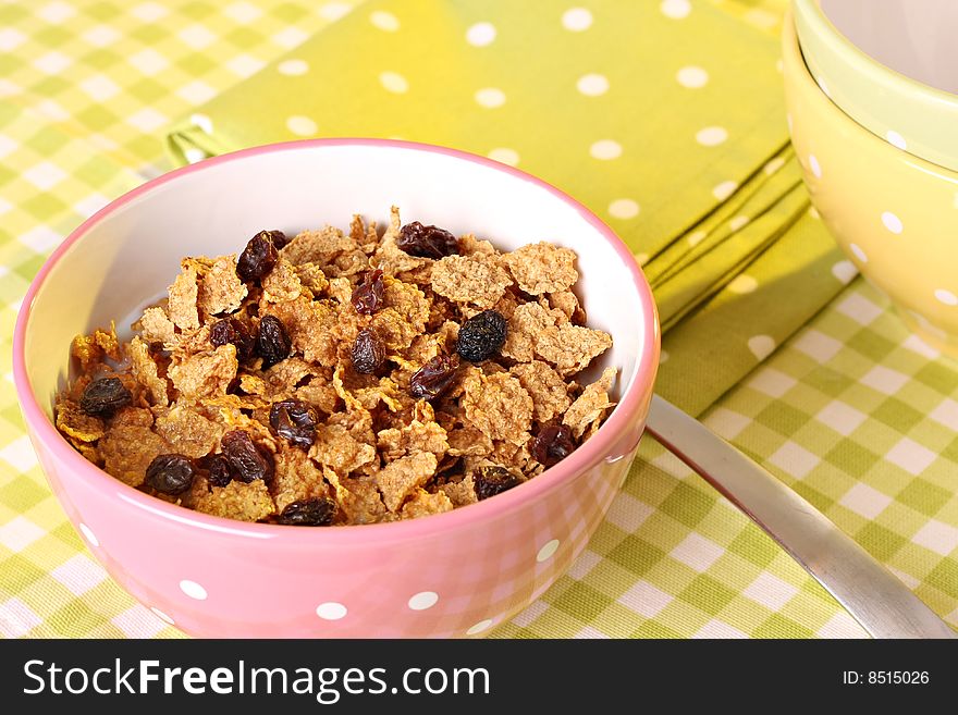 Bran flakes and raisins for breakfast.