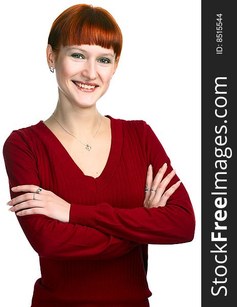 Young beauty redhaired girl on white background