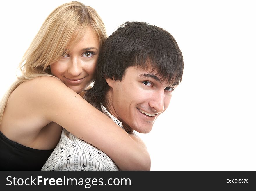 Young couple man and woman on white background