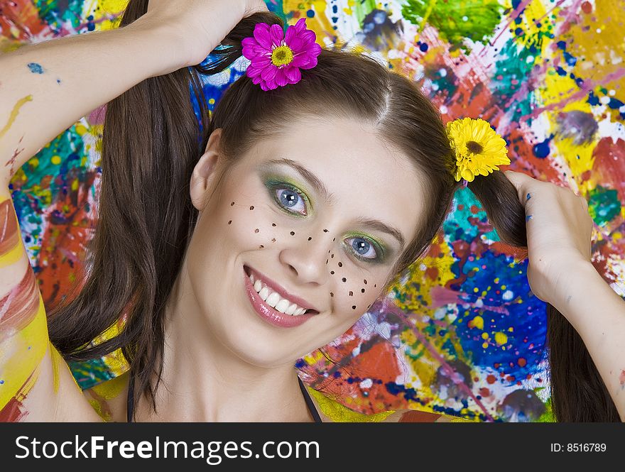 Portrait of young attractive woman on colored background. Portrait of young attractive woman on colored background