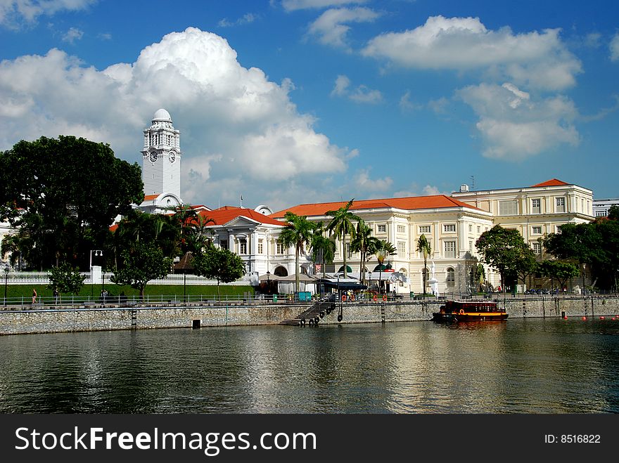 View across the Singapore River to the Asian Civilisations Museum and clocktower of Victoria Theatre and Concert Hall complex in Singapore - Lee Snider Photo. View across the Singapore River to the Asian Civilisations Museum and clocktower of Victoria Theatre and Concert Hall complex in Singapore - Lee Snider Photo.