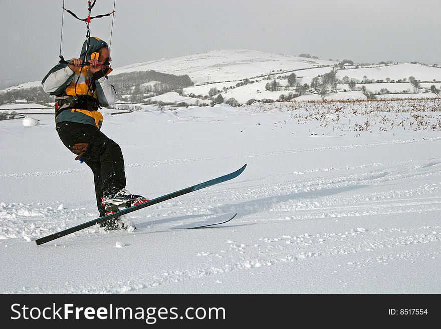 Kite skiing on snow on Dartmoor