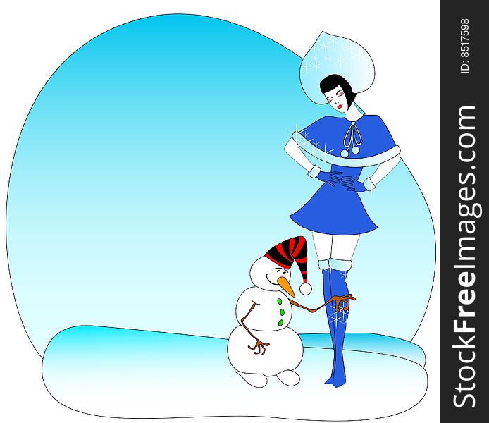 Beautiful Snow Maiden and comical snowball