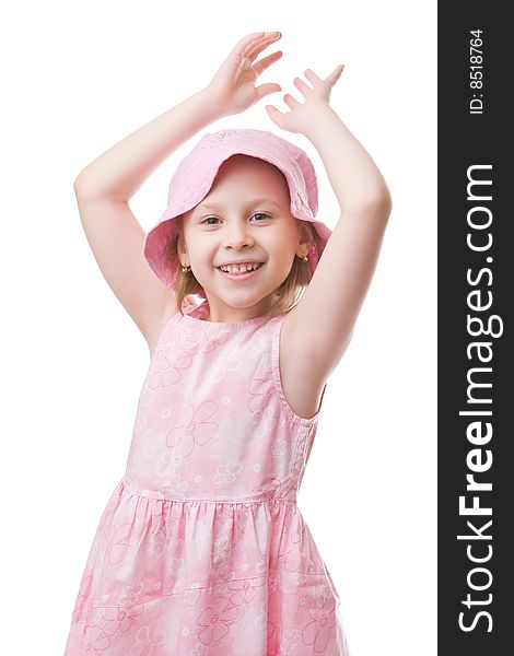Girl in a pink dress and a hat isolated on a white background. Girl in a pink dress and a hat isolated on a white background