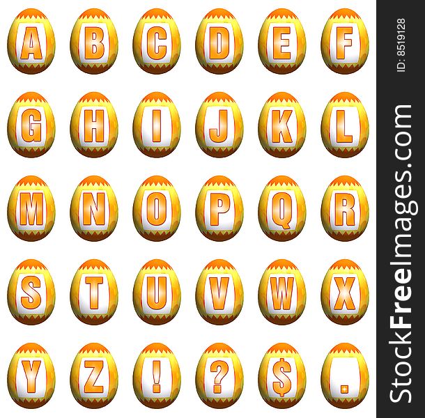 Yellow and orange 3d rendered Easter eggs with the letters of the alphabet on them. Yellow and orange 3d rendered Easter eggs with the letters of the alphabet on them.