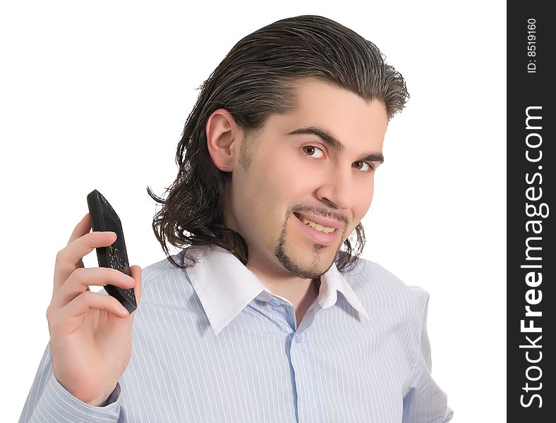 Young dark haired caucasian man in light blue striped shirt isolated on white. Young dark haired caucasian man in light blue striped shirt isolated on white