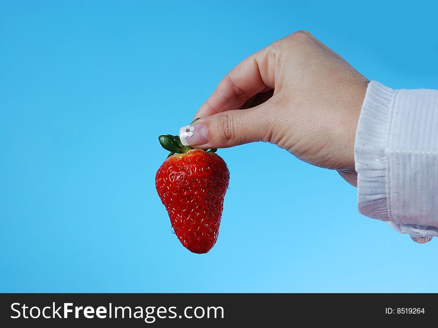 Strawberry in woamn's hand on blue background. Strawberry in woamn's hand on blue background