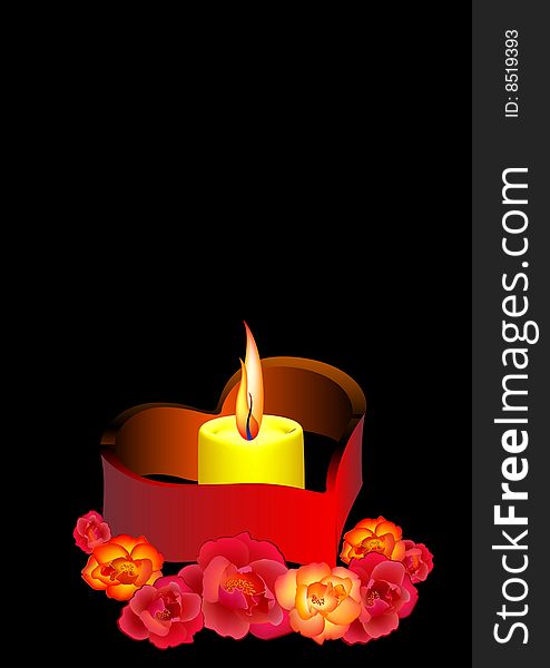 Candle in roses on a black background